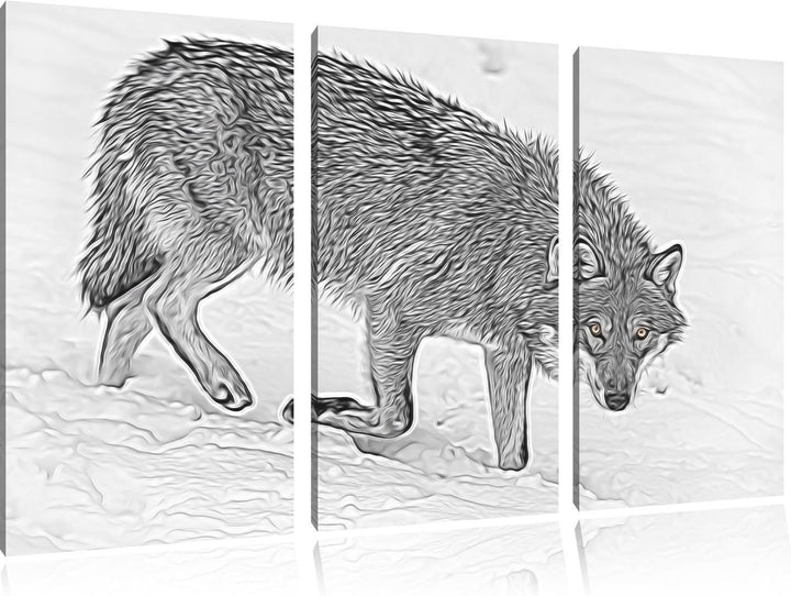 seltener Wolf im Schnee schwarz/weiss Deluxe 3-Teiler Leinwandbild 120x80 Bild auf Leinwand, XXL rie
