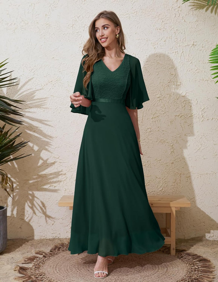 DRESSTELLS Abendkleid Damen Festlich Spitzenkleid für Hochzeit Chiffon Cape Ärmel Ballkleid Elegant