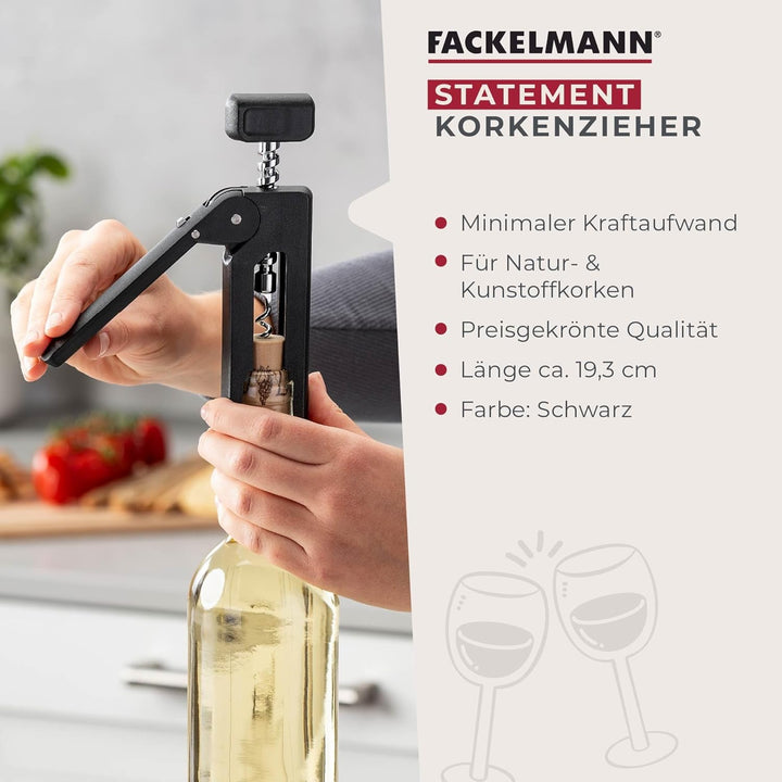 Fackelmann Korkenzieher, 193mm, Ergonomischer Griff, Innovativer Mechanismus, Geeignet für Natur- un
