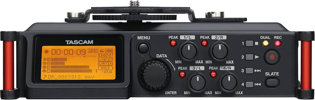 TASCAM Tragbarer 4-Kanal-Audio-Recorder für Videofilmer, 4 Kombi-XLR/TRS-Eingänge, 2 interne Mikrofo