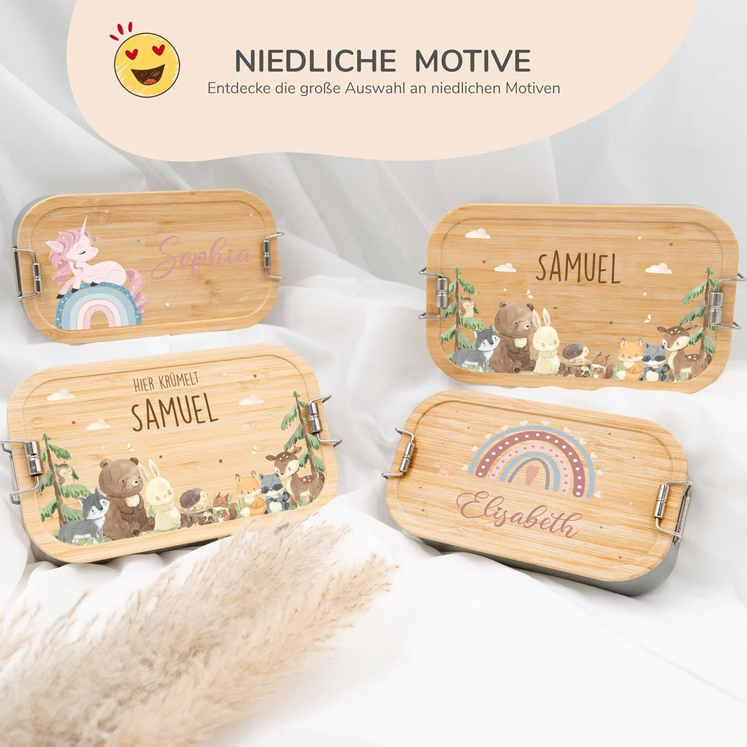 Kidsmood - Personalisierte Brotdose Kinder mit Fächern, Edelstahl Lunchbox mit Bambusdeckel | Schads