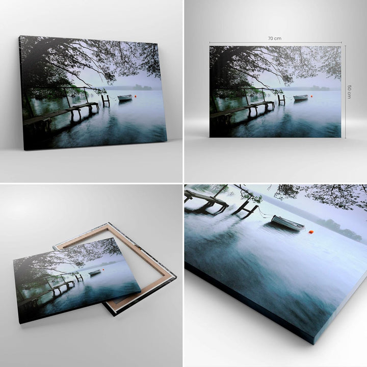Bilder auf Leinwand See Dock Boot Bäume Leinwandbild mit Rahmen 70x50cm Wandbilder Dekoration Wohnzi