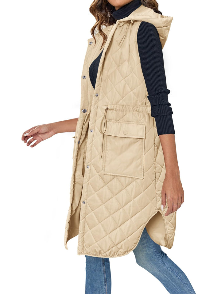 Wenrine Damen Weste Lang Ärmellose Winter Steppweste mit Kapuze und Taschen Casual S Khaki, S Khaki