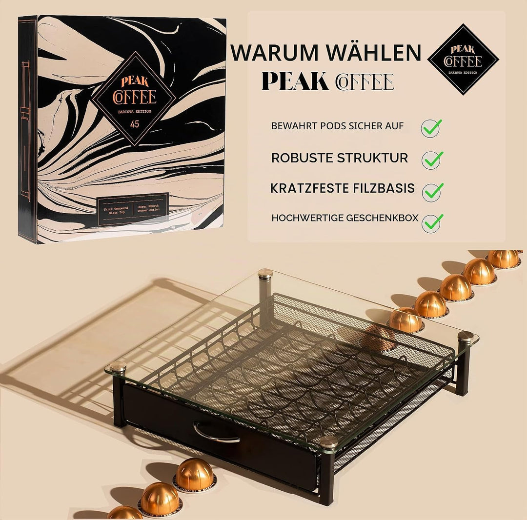 Peak Coffee Nespresso Vertuo Kaffeekapsel Tablett - Organizer &amp; Kaffee Maschinenständer mit Glasdeck