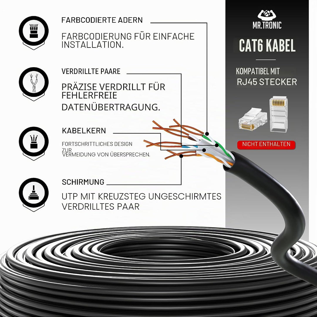 Mr. Tronic 50m Ethernet Netzwerkkabel Cat 6, LAN Netzwerkkabel Für Schnelle &amp; Zuverlässige Internet,