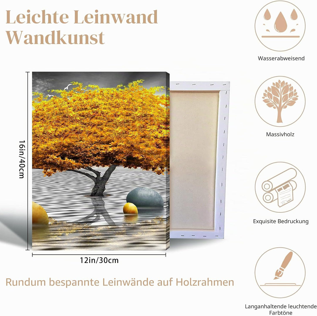 hyidecorart Bilder Baum Gelb, Natur Gold Bäume Leinwand Bilder, 3 Teilig Wandbilder Wohnzimmer, Mode