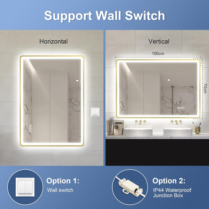 STARLEAD 100x70cm Golden LED-Badspiegel-mit-Beleuchtung und Bluetooth, Entfoggen, Dimmbar, 3 Lichtfa