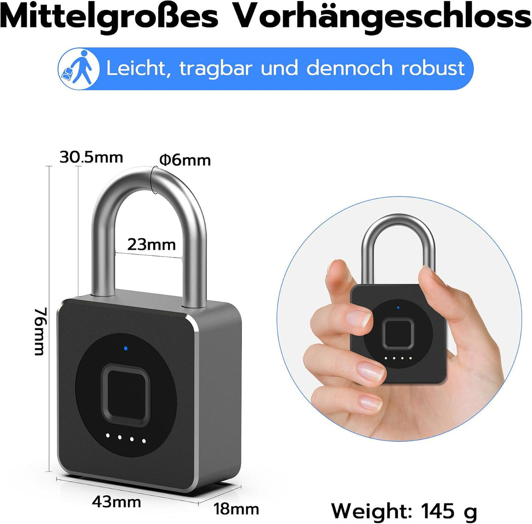 Smart Fingerabdruck Vorhängeschloss mit Bluetooth App – Elektronisches Kombischloss für Fitnessraum,