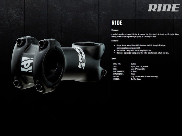 Race Face Vorbau Ride Xc 31.8 6°, 100mm 100mm Schwarz, 100mm Schwarz
