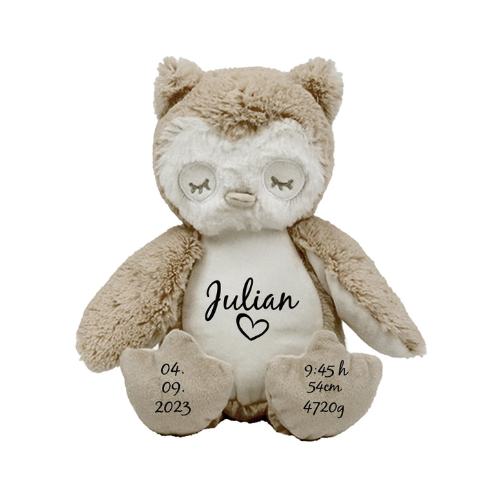 mamir home Eule Kuscheltier personalisiert mit Name + Geburtsdaten I 28cm Plüschtier I Baby Geschenk