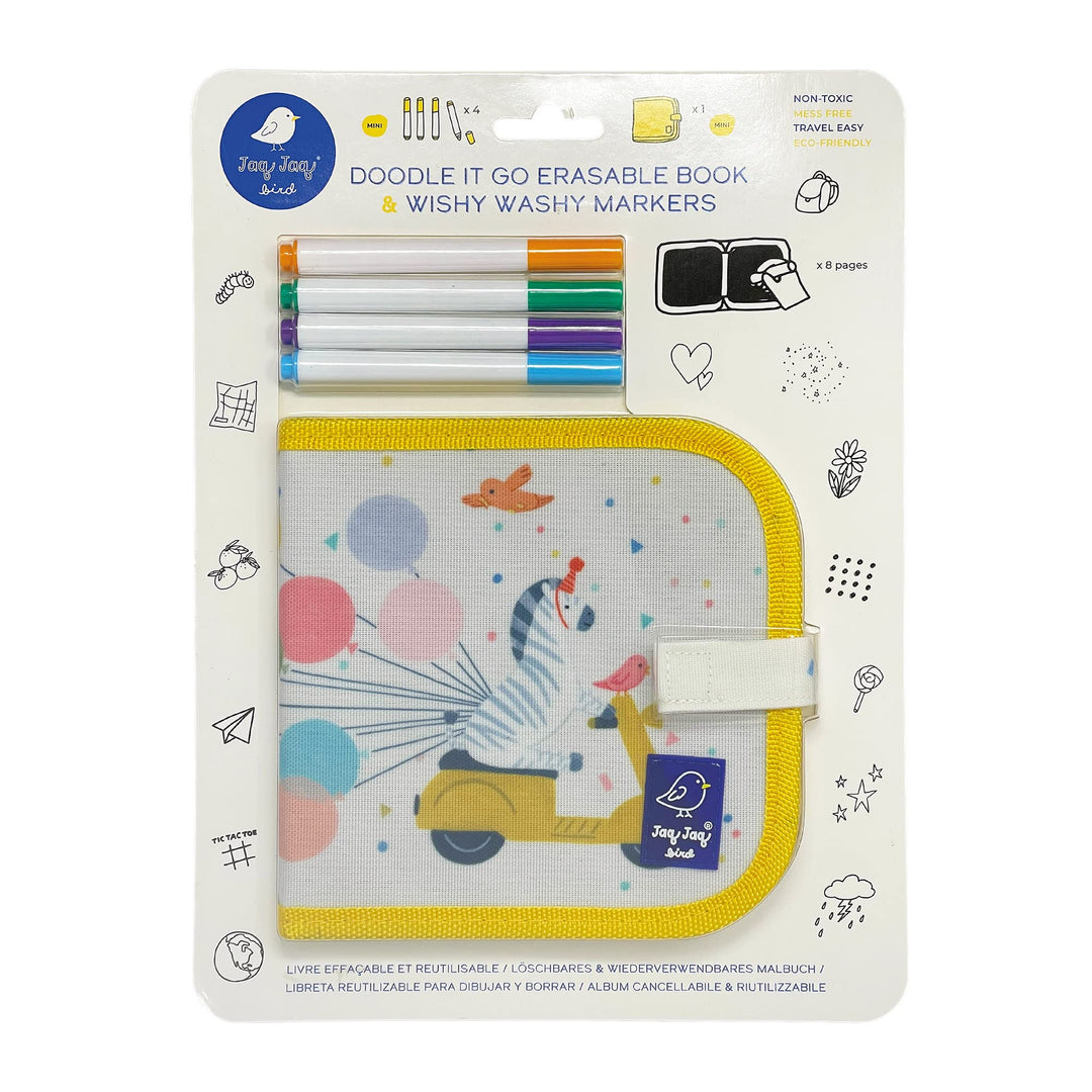 Jaq Jaq Bird Abwischbares Kreidemalbuch, Mini-Malbuch Zebra inkl. 4 Wishy Washy Stiften, für Kinder