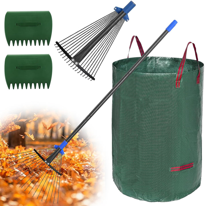 Garten Rechen, 183cm Laubrechen Metall mit Verstellbar Stiel Set - mit 32 Gallonen Laubsäcken und 2