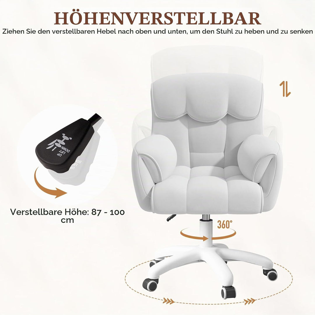 Ergonomischer Bürostuhl Samt 360°Drehen Schminktischstuhl Weiss | Höhenverstellbar,360°Drehfunktion,