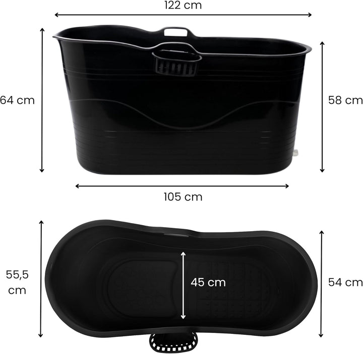 HelloBath® Mobile Badewanne XL 122x56x64 cm für Erwachsene | Tragbare Sitzbadewanne mit Abdeckhaube,
