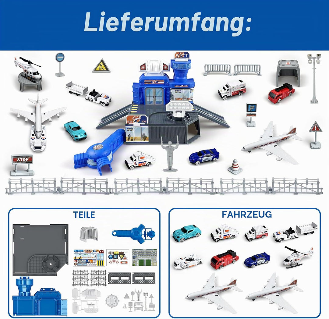 Flugzeug Spielzeug Set mit Lastwagen, Hubschrauber, Flugzeuge, Schilder und Flughafen-Spielmatte, in