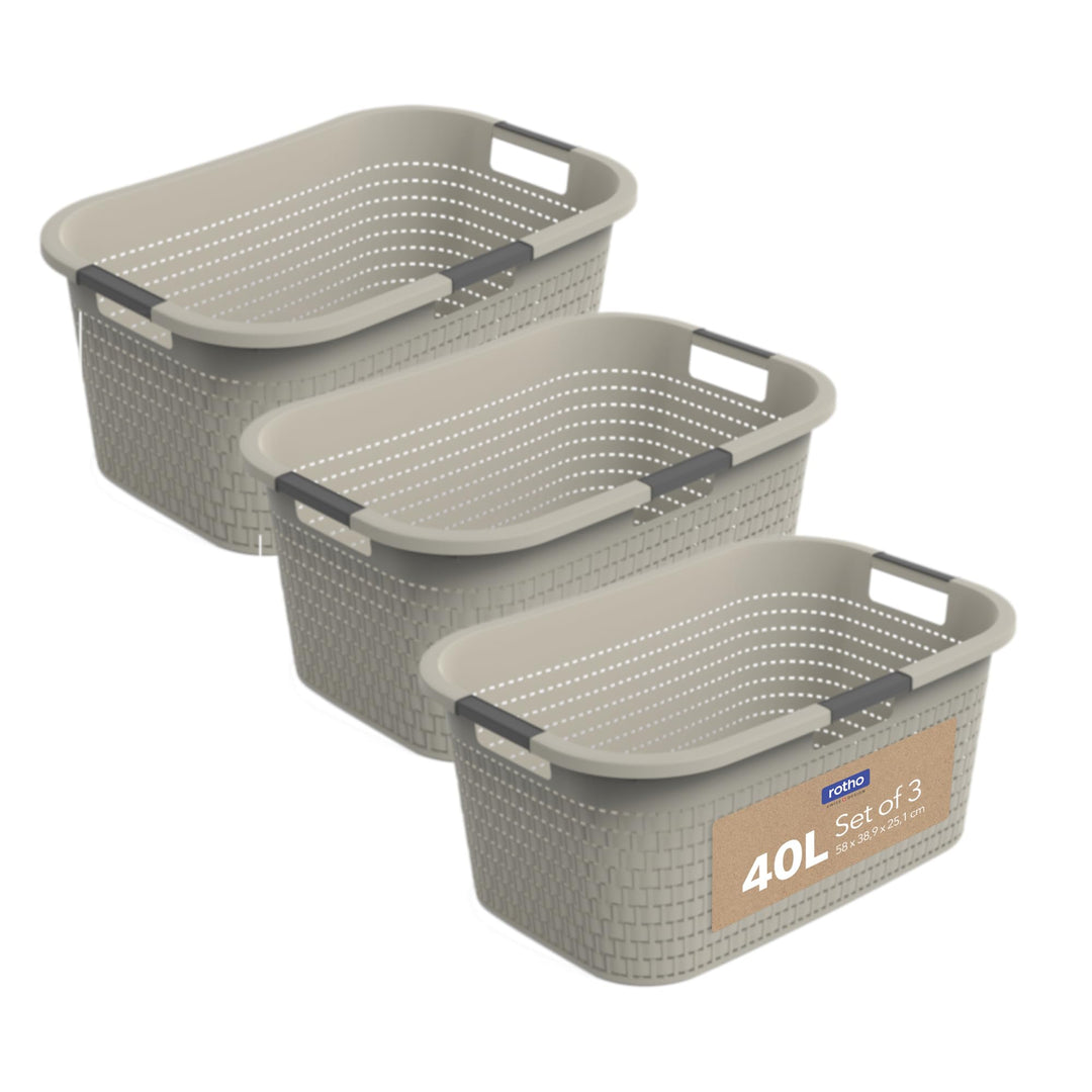 Rotho Country 3er-Set Wäschekorb 40l, Kunststoff (PP) BPA-frei, cappuccino, 40l (58.0 x 38.9 x 25.1