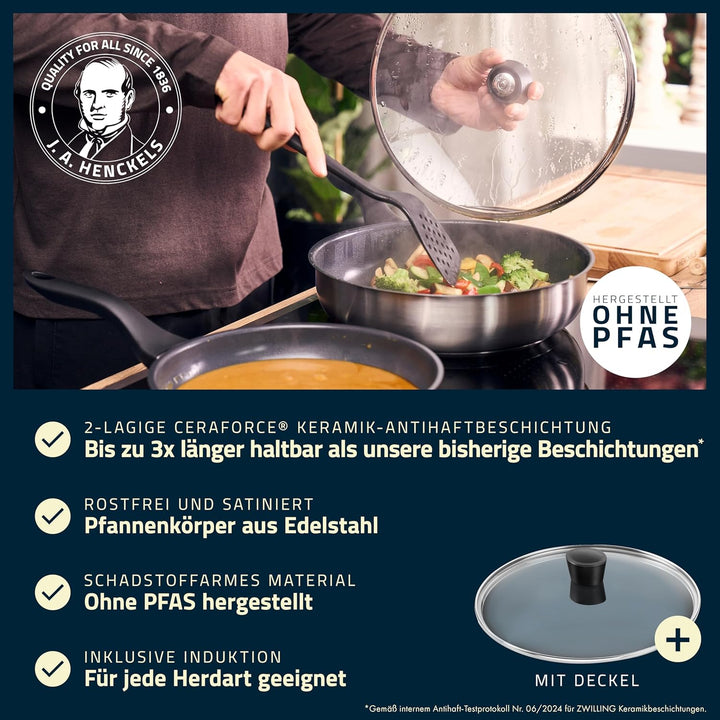 HENCKELS by ZWILLING Stream Schmorpfanne 28 cm, mit Deckel, mit Antihaft-Keramik-Beschichtung, Induk