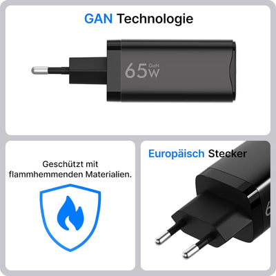 VOOMY USB C Ladegerät 65W, Schnellladegerät GaN Charger, USB Ladegerät Mehrfach 3-Port, USB C Netzte