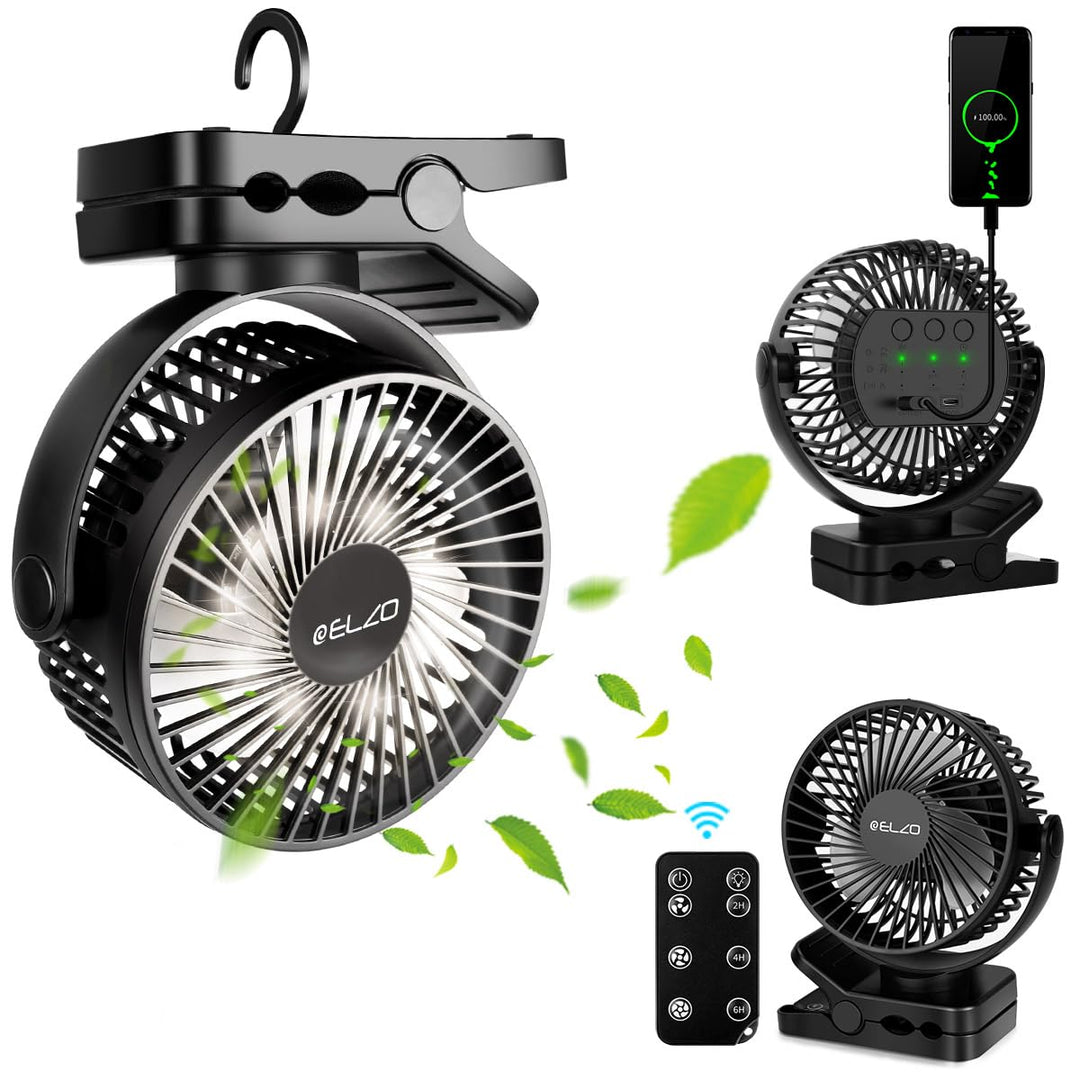 ELZO 12000mAh Camping Ventilator, Wiederaufladbarer Tischventilator USB Mini Ventilator mit LED Lich