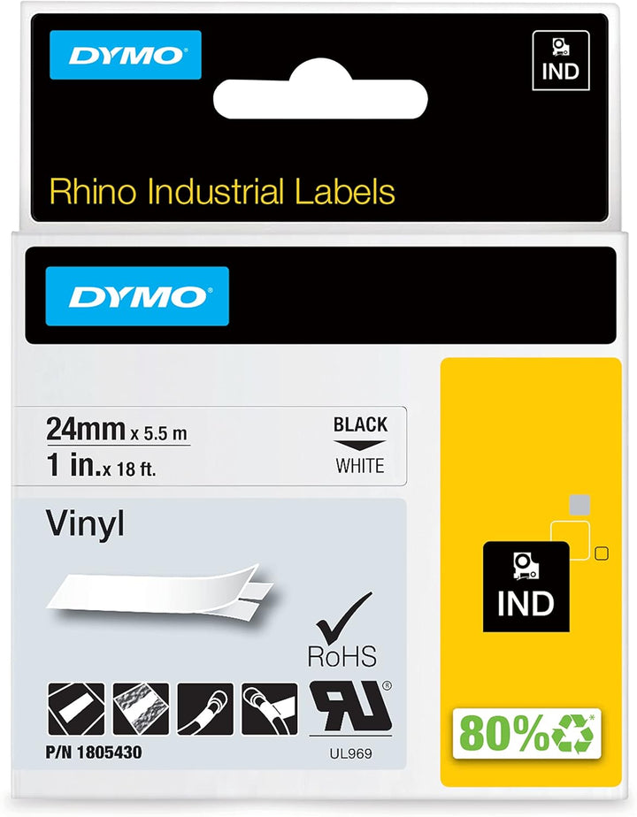 DYMO Rhino-Industrie-Vinyletiketten | 24 mm x 5,5 m | schwarzer Druck auf weissem Untergrund | selbs