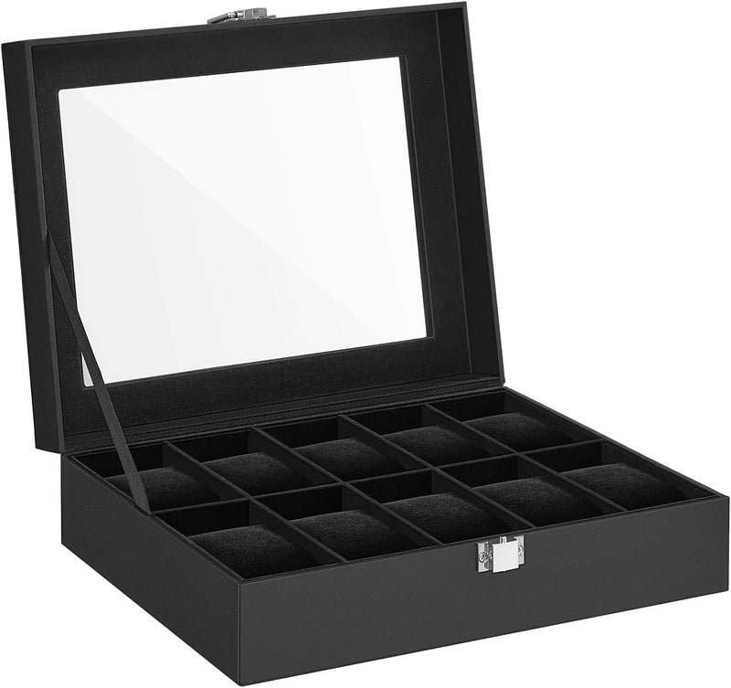 SONGMICS Uhrenbox mit 10 Fächern, Uhrenkasten, Glasdeckel, Uhrenkoffer, herausnehmbare Uhrenkissen,