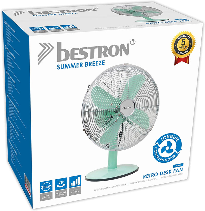 Bestron Mobiler Tischventilator Ø 35cm, Design Ventilator mit 3 Geschwindigkeitsstufen & 75° Oszilla