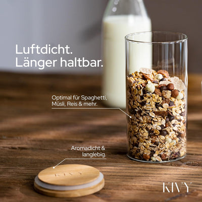 KIVY Vorratsdosen Glas Set [4 x 1200ml] – Hochwertige Glasbehälter mit Deckel aus nachhaltigem Bambu