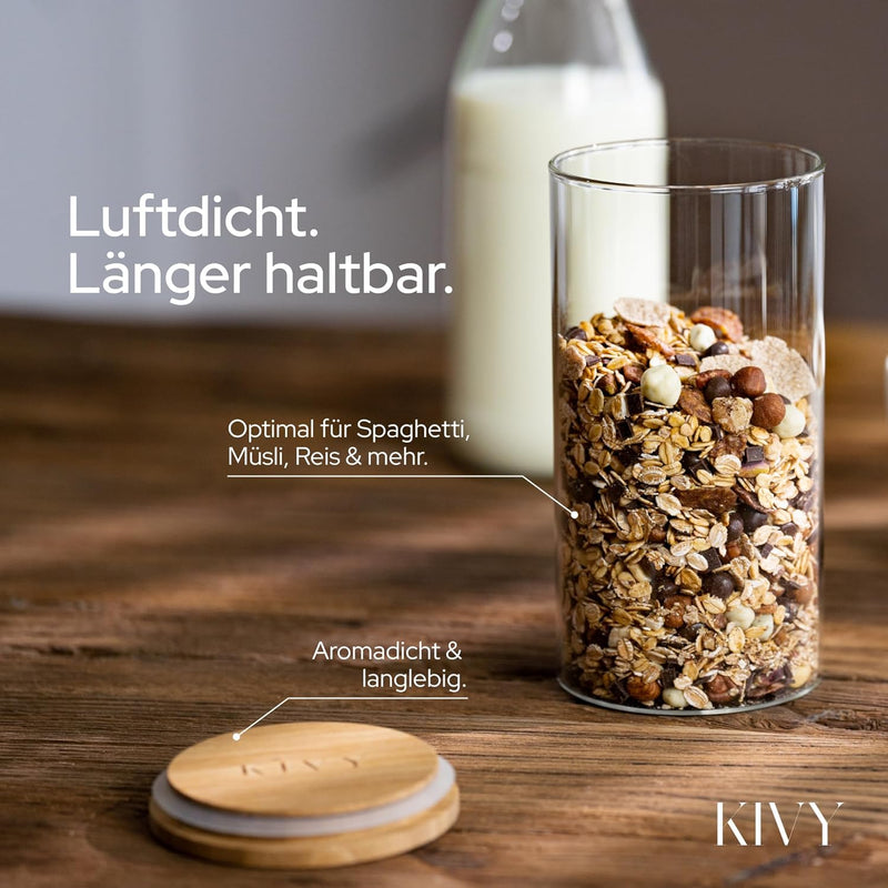KIVY Vorratsdosen Glas Set [4 x 1200ml] – Hochwertige Glasbehälter mit Deckel aus nachhaltigem Bambu