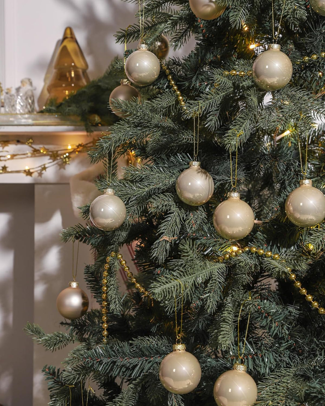 DN DECONATION Weihnachtskugeln Set, 12-teilig - Champagner Glaskugeln 6cm Glänzend & Matt, Christbau