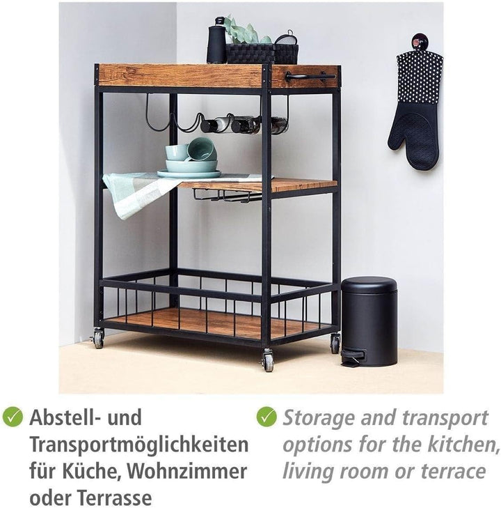 Küchenwagen mit 3 Ablageflächen,Servierwagen mit Flaschen- und Gläserhalter, im Walnussholz-Look, mo
