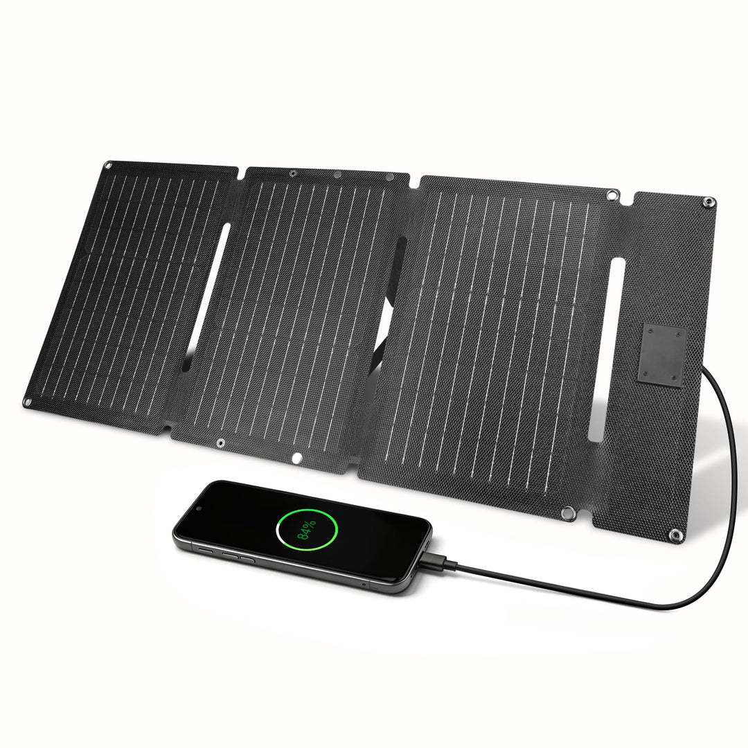 30W Tragbares Solar-Ladegerät mit 2 Ports(USB-C/USB-A), IP65 Wasserdicht, Solarpanel Faltbar Camping