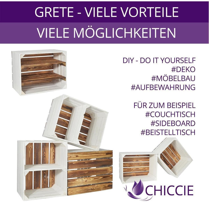 CHICCIE 3 Set Holzkiste Grete Weiss Geflammt 50x40x30cm - 2x Kurzes Regal Weinkiste 2x Kurzes Weisse