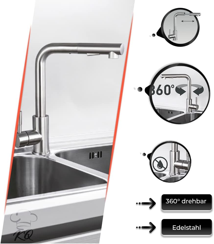 KitchenQuality Küchenarmatur | Ausziehbare Brause | 360° Grad schwenkbar | Gebürsteter Edelstahl | V