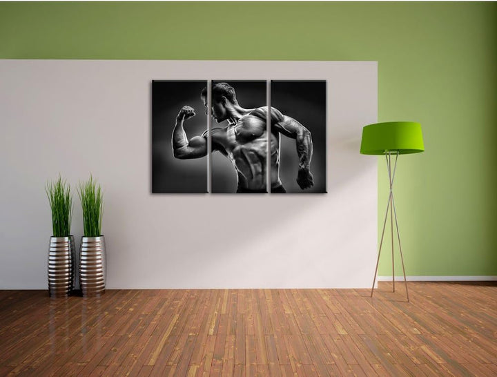 Pixxprint Starker Bodybuilder als Leinwandbild/Grösse: 3 Teilig (120x80 cm) cm/Wandbild/Kunstdruck/f