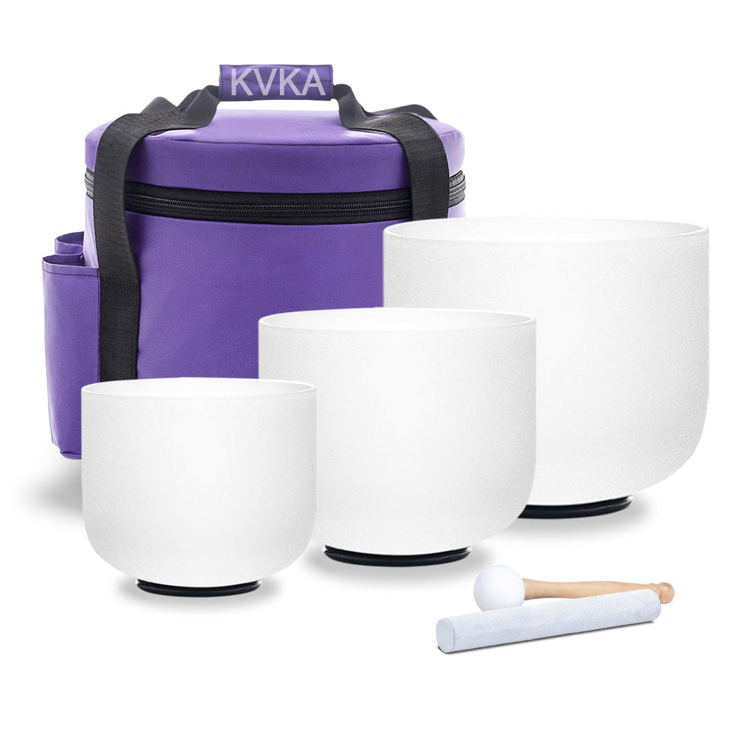 KVKA Kristall-Klangschalen, 8"A+10"F+12"C 432Hz Weiss Chakra Sound Healing Klangschalen für Yoga, En