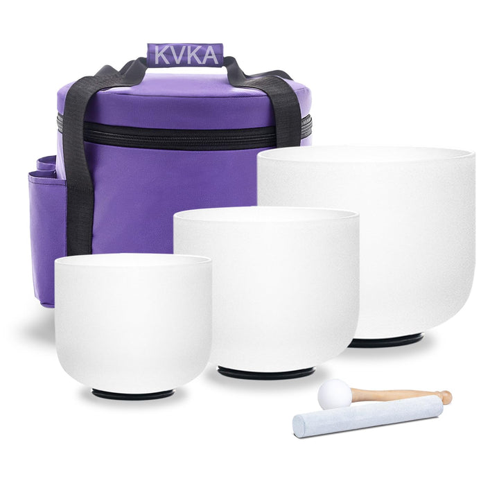 KVKA Kristall-Klangschalen, 8"A+10"F+12"C 432Hz Weiss Chakra Sound Healing Klangschalen für Yoga, En