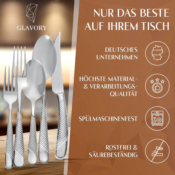 Glavory Aurora - Besteck Set Silber gestanzt - Besteck für 6 Personen 30teilig - rostfreier 18/8 Ede