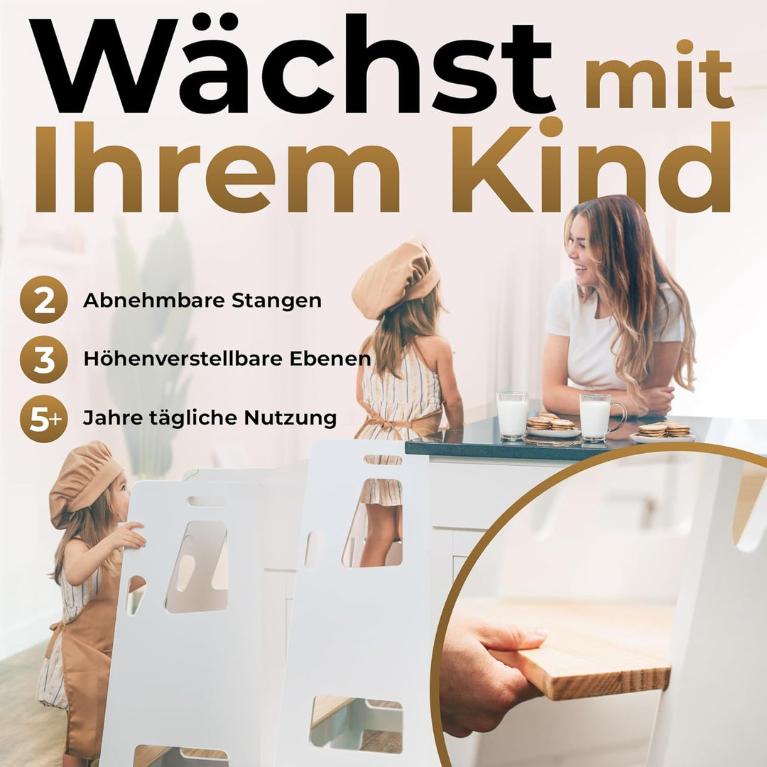 BEY & CO® Lernturm/Entdeckerturm aus Holz – Küchenhelfer für Kinder – 3-Fach höhenverstellbar, mit R