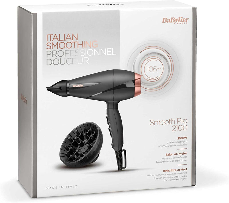 BaByliss Smooth Pro 2100 Haartrockner, Föhn mit leistungsstarken 2100 Watt, Made In Italy, Ionen-Tec