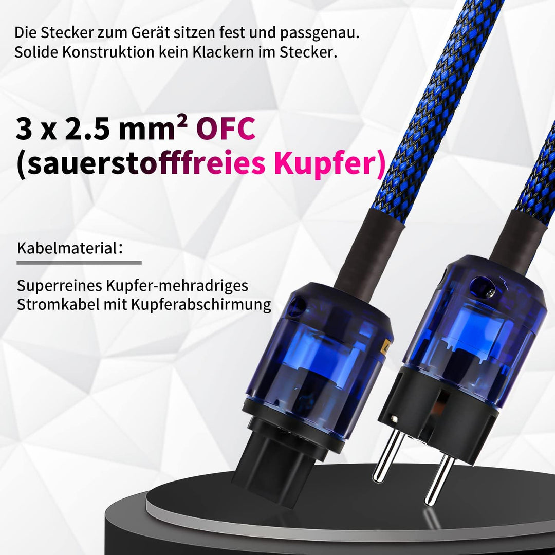 Tertullus HiFi High End Netzkabel 1.5m Kupfer Abschirmung 3 x 2.5mm² Stromkabel Mit Schukostecker P0