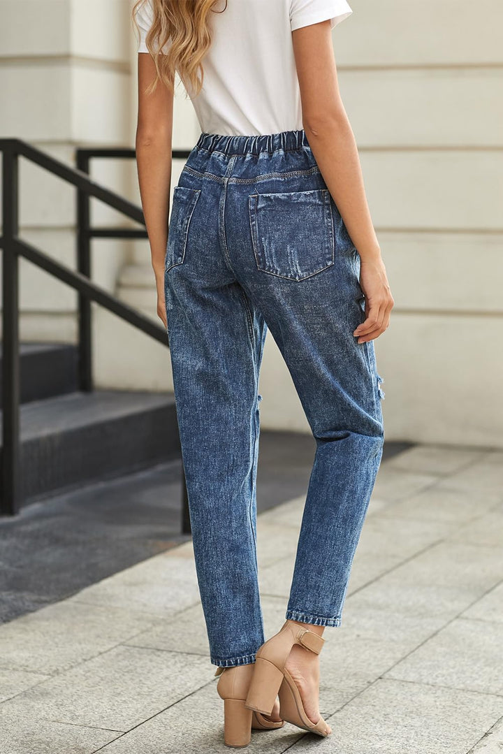 Alaster Queen Jeans Damen Lässig High Waist Jeans Baggy Jeans Damen Knie Zerrissen Jeans 209-marineb