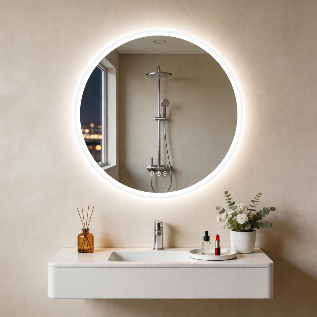 S'bagno Runder-Badspiegel-mit-Beleuchtung-60cm, Badezimmerspiegel-mit-Beleuchtung-und-Bluetooth, Ent