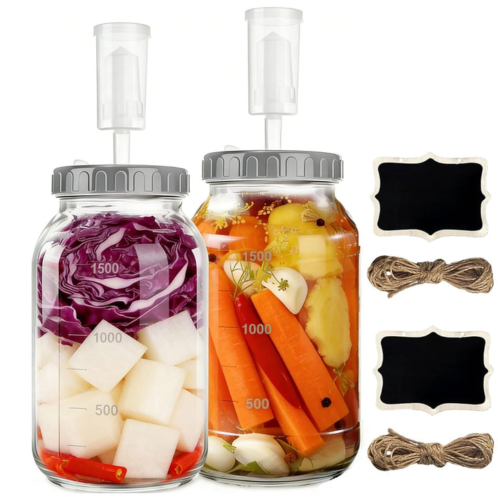 Fermentierglas 2 Stück 2L, Kimchi Behälter mit Luftschleuse und Schraubverschluss, Weithalsige Einma