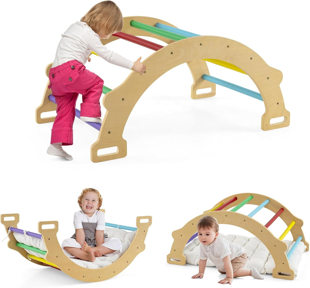 GOPLUS Kinder Kletterbogen mit Kissen, Kletterdreieck Indoor aus Holz, Klettergerüst zum Wippen und