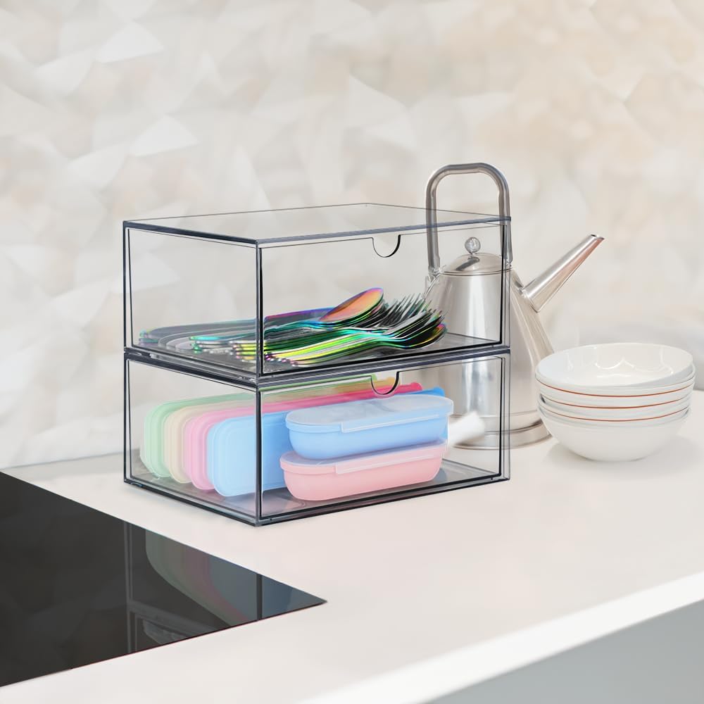 4 Stück Stapelbarer Kosmetik Organizer, TIE-DailyNec Transparenter Acryl Make Up Organizer, Schreibt