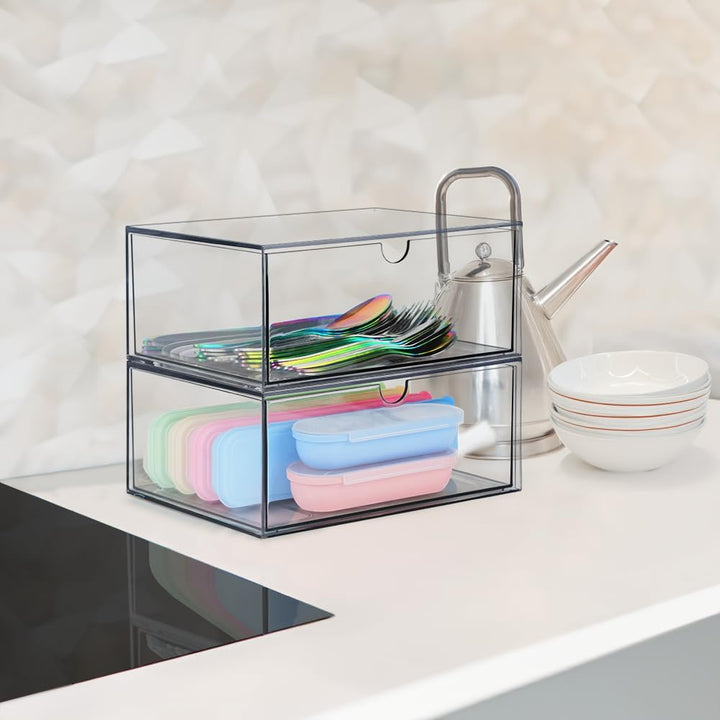 4 Stück Stapelbarer Kosmetik Organizer, TIE-DailyNec Transparenter Acryl Make Up Organizer, Schreibt
