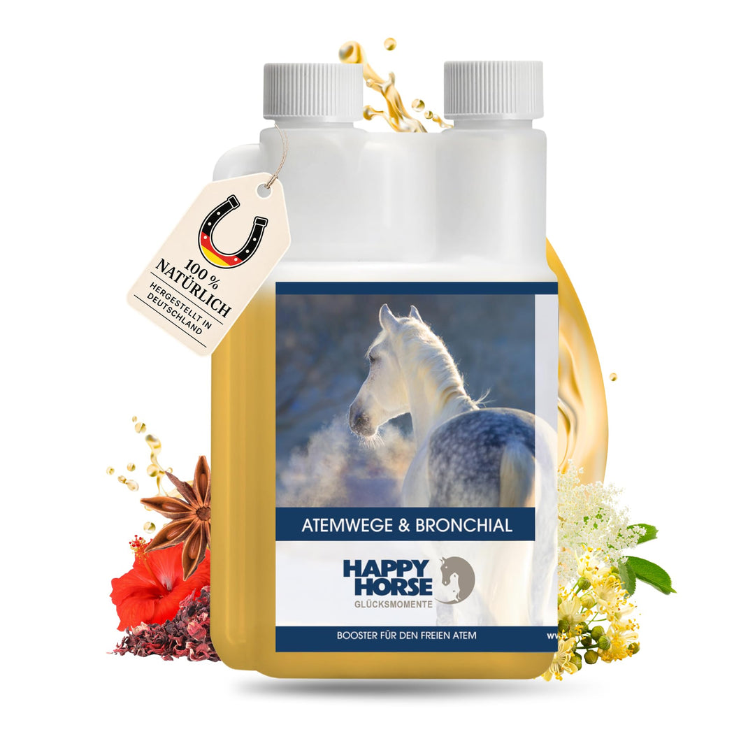 Happy Horse Atemwege- & Bronchialsaft für Pferde 100% pflanzliche Inhaltsstoffe, lindert Hustenreiz,