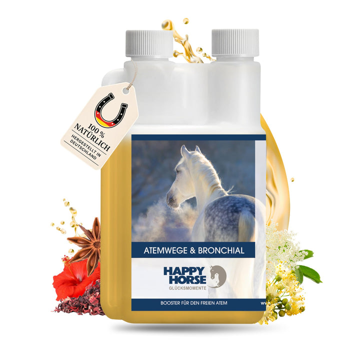 Happy Horse Atemwege- & Bronchialsaft für Pferde 100% pflanzliche Inhaltsstoffe, lindert Hustenreiz,