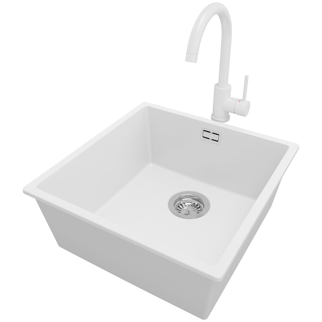 Spülbecken Weiss 46 x 47 cm, Granitspüle 1 Becken + Ablauf-Set + Küchenarmatur, Einbauspüle ab 50er