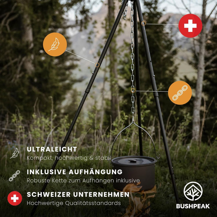 Grill Dreibein Camping Alustand Compact 124cm - Verstellbarer Schwenkgrill höhenverstellbar inklusiv